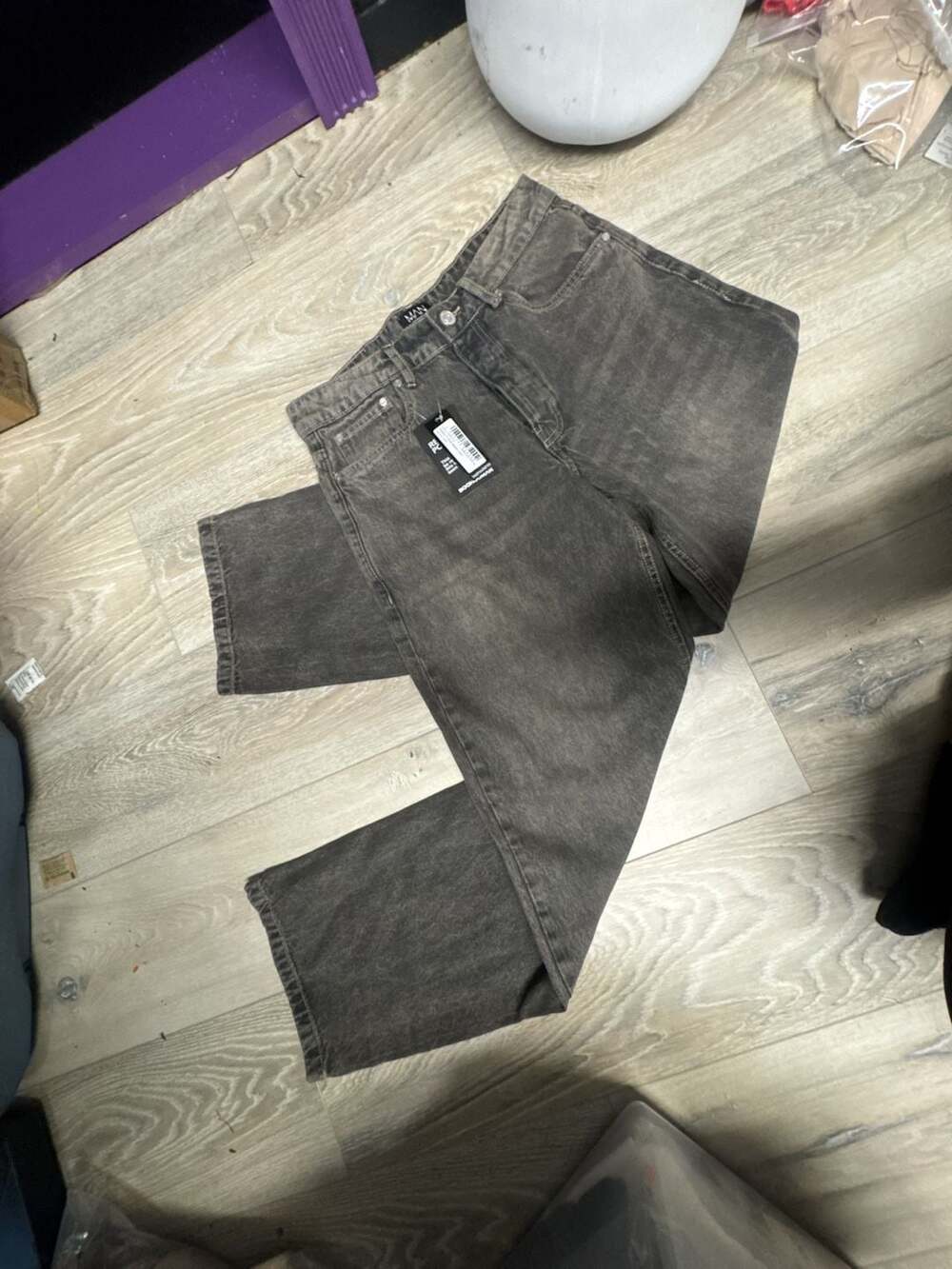 boohooMAN Relaxed Fit Stone Washed Jeans in Grey Size 30R